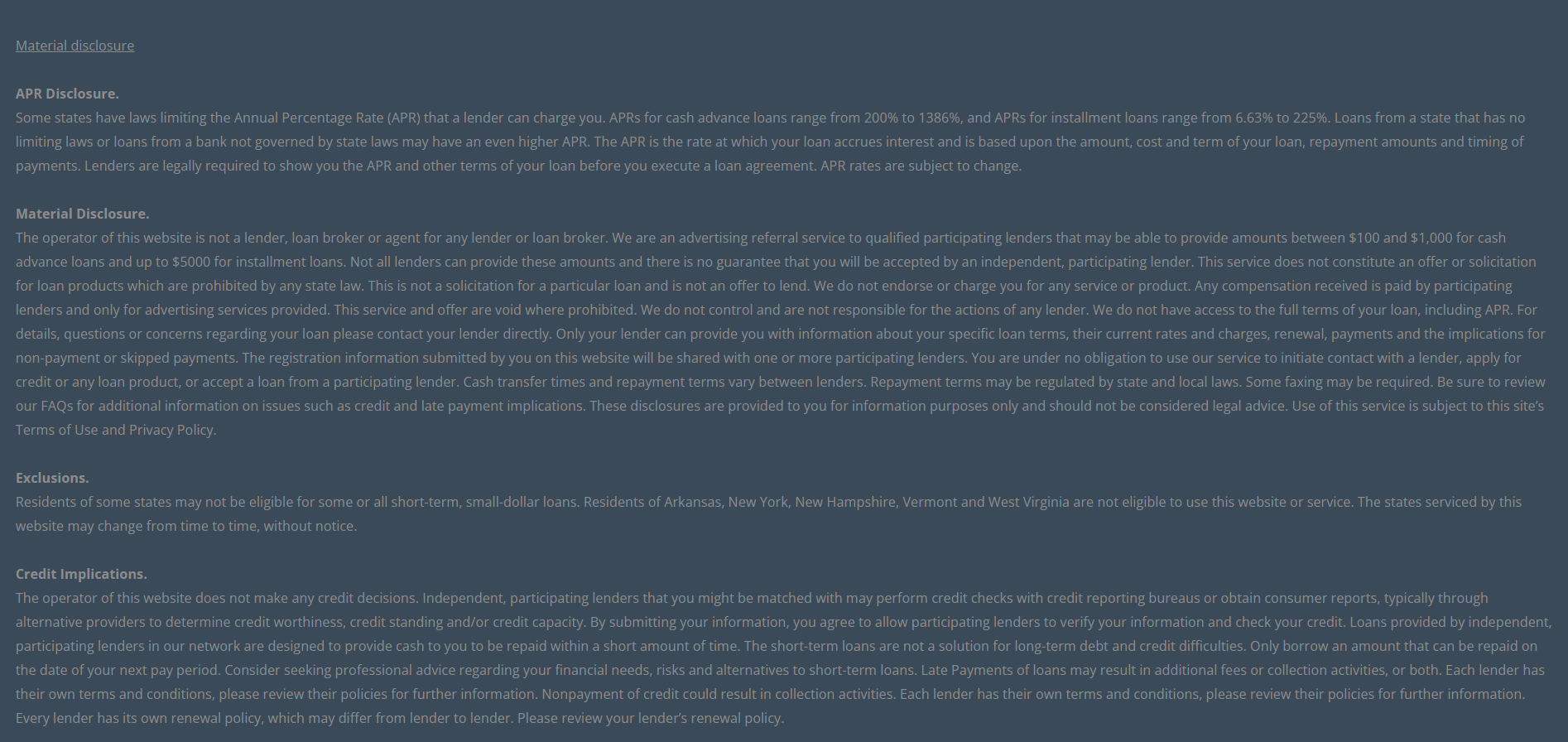 Material disclosure for payday loans in Alexandria Virginia